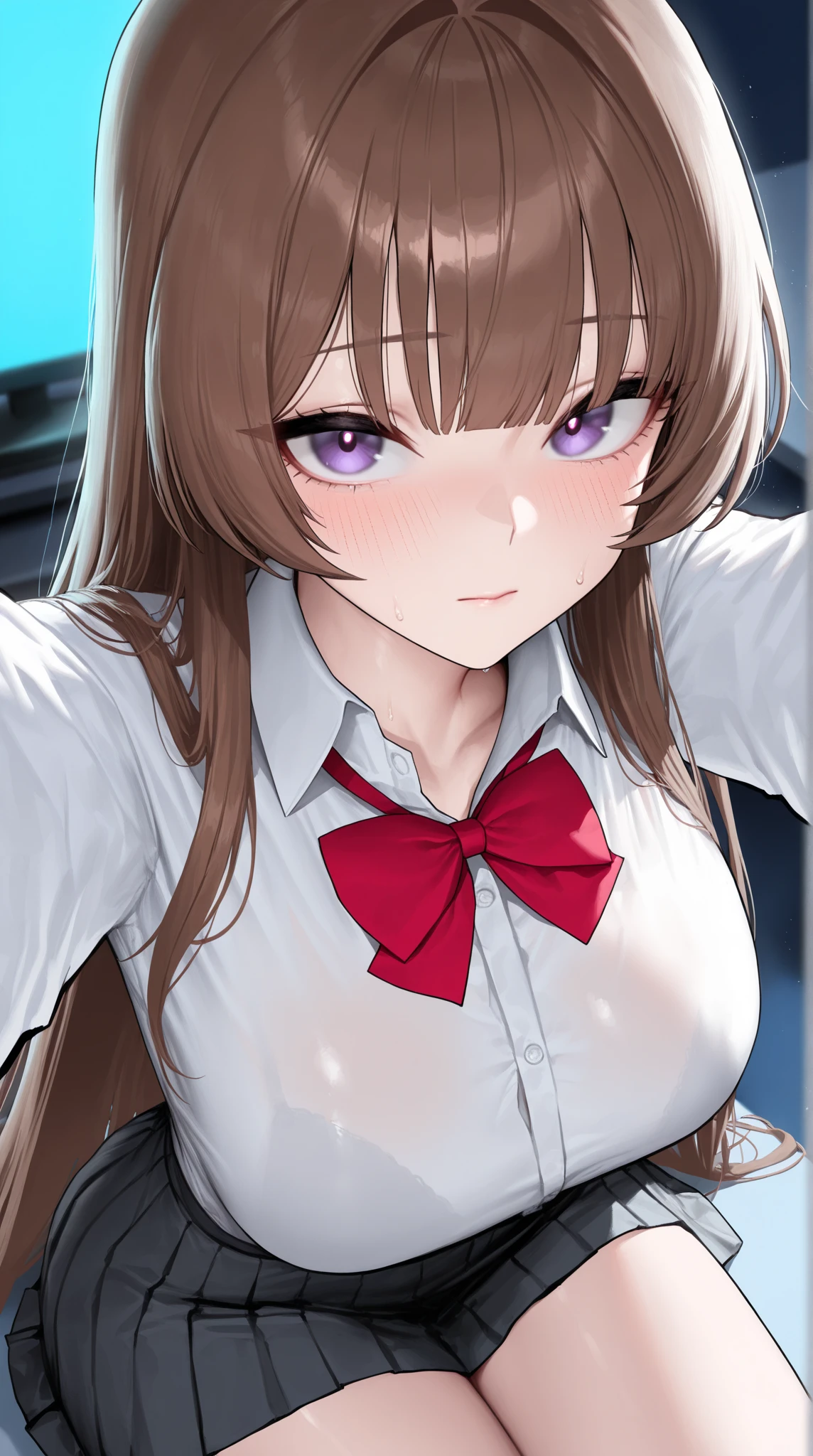 (highest quality:1.2,evil lady,cg, Very detailed, High Detail, digital coloring, High Contrast, masterpiece:1.2,suits, highest quality, Best aesthetics), 8k,masterpiece, cute,tall,beautiful,best quality, 1lady,brown hair,long hair,wavy hair,empty eyes, (finely detailed glowing eyes and detailed face),,,,extremely detailed cg unity 8k wallpaper,solo,(latex military costume:0.9),large breasts,seductive smile,,latex thighhigh,large breasts,black hair,pink eyes,formal shirts,pantyhose,,enamel suits,grossy lips,sitting,tight skirt,sadistic smile,,heel,shiny skin,tight skirt,detailed face,beautiful body,,adult,,show me breasts,sadistic,seductive smile,business suits,latex,no tie,bust shot,((Blowjob Gestures:1.5)),open mouth