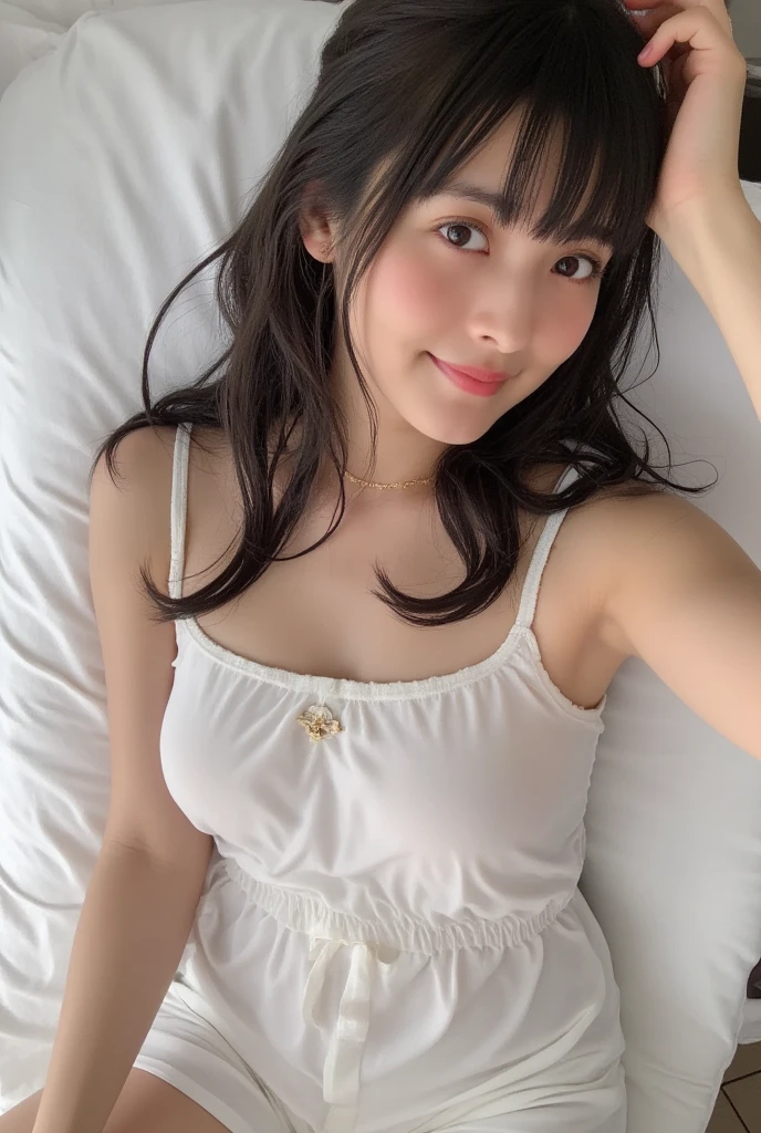 realistic, 1girl, selfie, body close together, looking up, cleavage emphasis, smiling, face extra large zoom, sitting on bed, sexy, (brown eyes), (bangs), (bare shoulders), (small breasts), (covered nipples), (lace trimmed white camisole), (dolphin shorts)