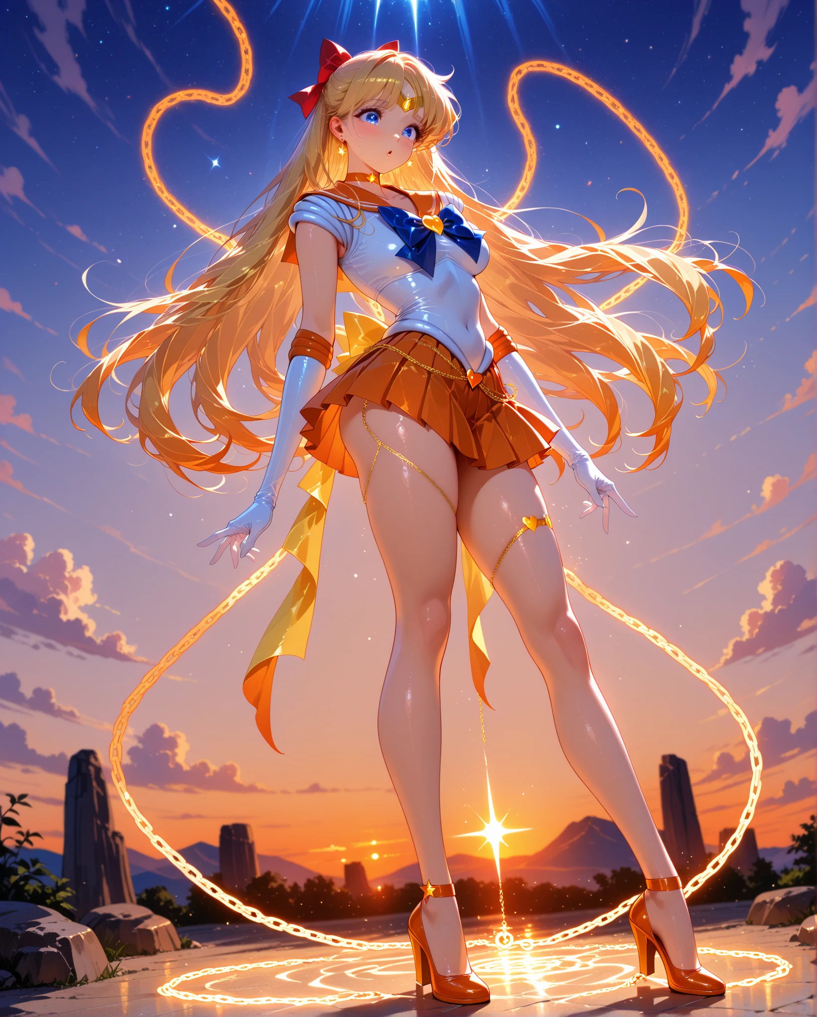 masterpiece, best quality, highres, sv1, sailor senshi uniform, medium breast, orange skirt, elbow gloves, tiara, orange sailor collar, red bow, orange choker, white gloves, jewelry,smile, brush, from below, skirt lift, standing, looking back, white leotard, milf, ornate fabric, leather texture, dramatic lighting, cinematic shot, atmospheric, depth of field, comic style, watercolor style, floating hair, wind, wind lift, shiny hair, bedroom