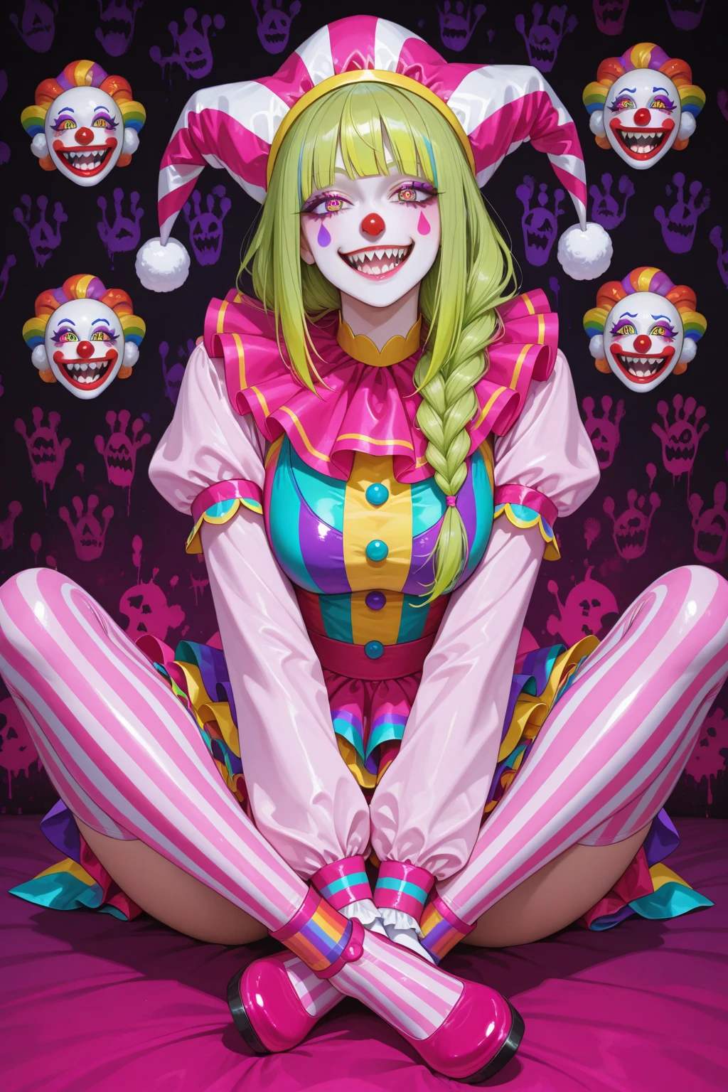Woman dressed as a clown painted her face like a clown with a big psycho smile and blood on her face with a bat in her hands and with a big butt and big thighs 