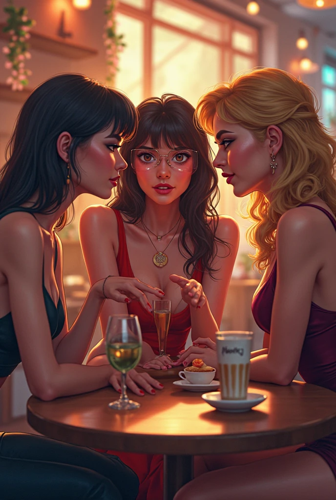 the banquet table, 3 girls are emerging from under the edge of big round banquet table at a conservative wedding. the main characters are under the table, There are 3 young and beautiful 1 girls, girl-1:(in center, white skinned, blond, blue shimmering eyes, conservative, anxious, aroused,), girls 2-3: (oily skin, black skinned, identical twins, fat, taller than girl-1, different hairstyles),  super girls-2 girl-3 look at each other knowingly about the sexual adventure they will take their new friend girl-1 laying on the floor, girl-1 is aroused by girl-2 and girl-3, girls 2-3  are holding girl1 her, girls 2-3  want to kiss girl-1, realistic artstyle,  casual pose, realistic style, official fanart, realism artstyle, hyperrealistic teen, high quality fanart, background artwork, calmly conversing 8k, realistic art style, relaxed poses, detailed realistic expressions, realistic picture, 