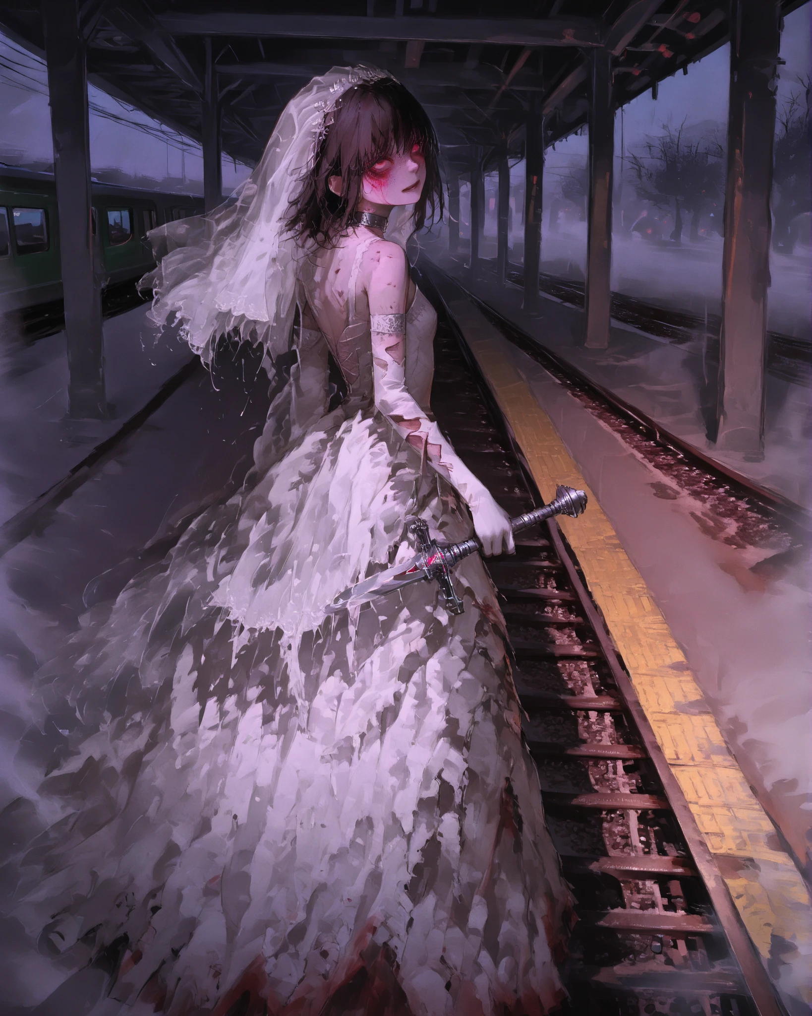 A young Brazilian girl in an old train station at dusk, holding a faded bridal veil. Behind her, the ghost of a bride with a torn dress and sorrowful eyes walks the tracks. The scene is tinged with nostalgic sadness, fog curling around the station like forgotten promises.