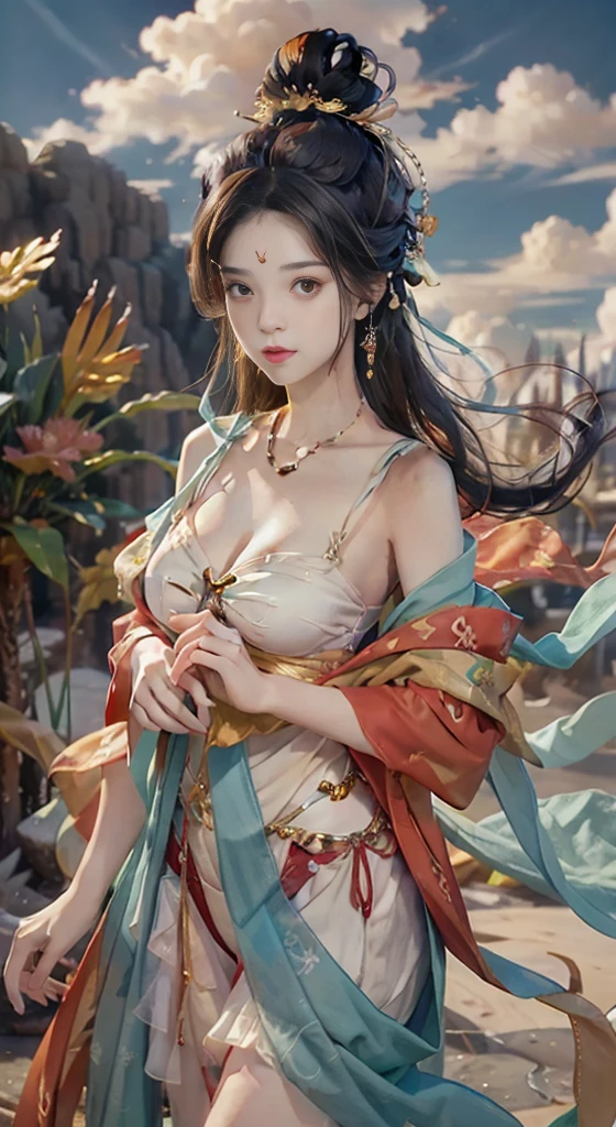 Photorealistic, high resolution, 1womanl, gigantic cleavage breasts，cleavage，tit，Solo, Hips up, view the viewer, (Detailed face), dunhuang_dress, jewelry, tattoo