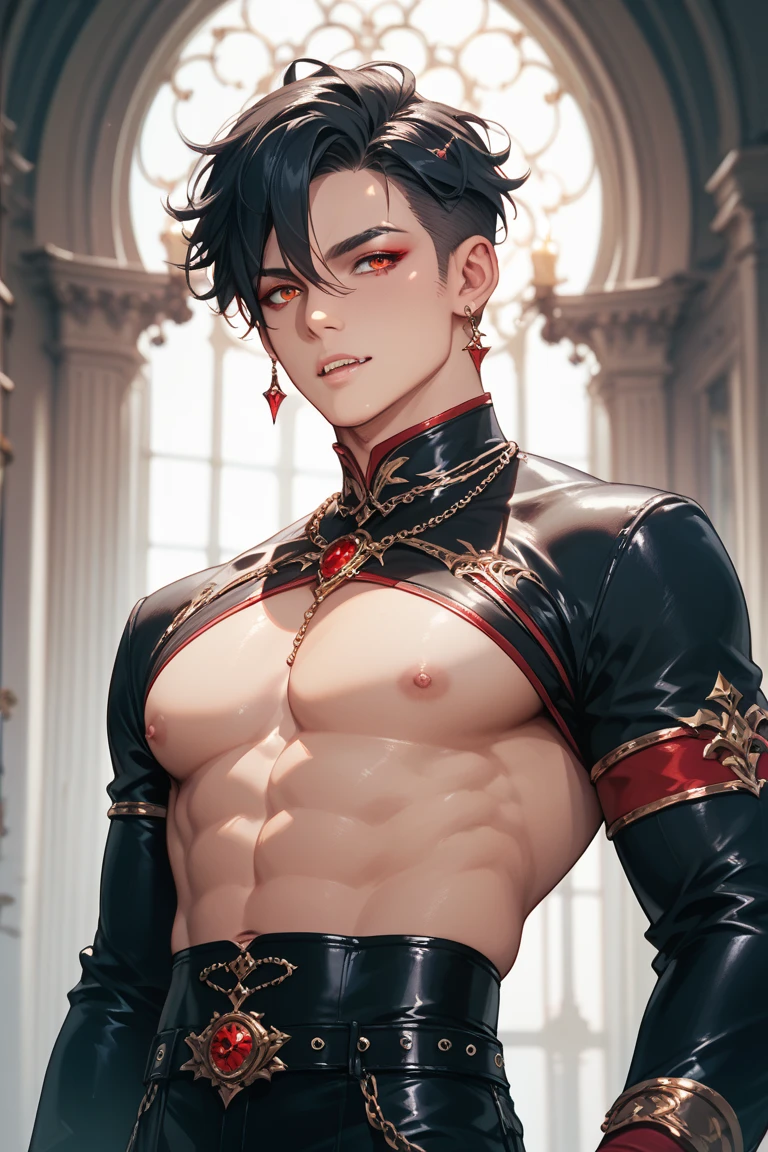 high quality, detailed, Realistic, (19 years old japanese idol boy), (detailed black eyes), (black short hair), (abs:1.5), (shiny skin), dungeon, (tiny thong), (bulge:1.2), candle, (detailed nipples), detailed areola,