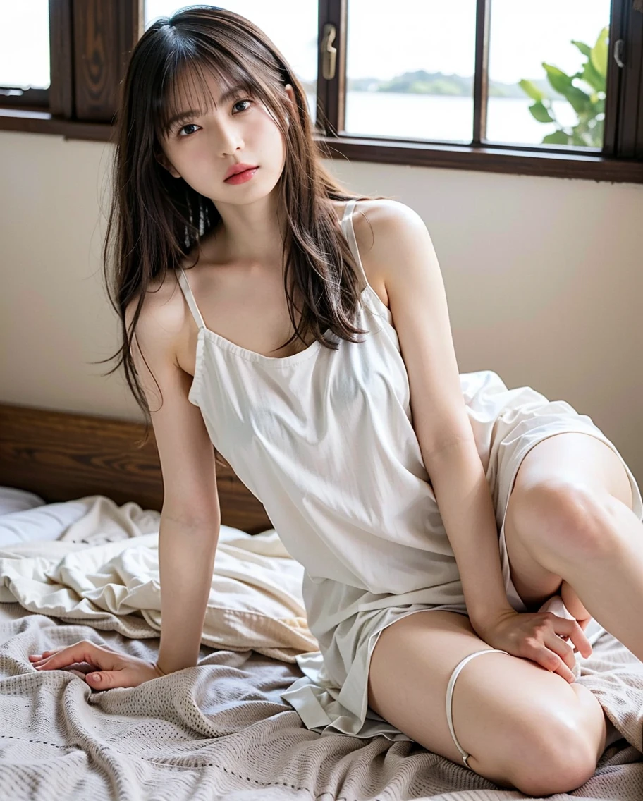 ((Extremely precise and accurate anatomy:1.0)), (photo Realistic:1.4), (hyper Realistic:1.4), (最高品質のRealisticな肌の質感:1.4), (Improvement of quality:1.4), (Enhances the beauty of skin texture:1.1), Clean and glowing skin, mesh, thin:1.2, (Realistic:1.3), Realisticなライティング, (Smoother lighting:1.05), (Improving the quality of cinema lighting:0.9), Backlight, A gentle light on your face, Ray Tracing, (Bright light:1.2), 32K, One Japanese woman, fine grain, Detailed face, (Film Grain:1.1),(Accentuates body lines:1.1), High resolution, Natural look, Kind eyes, Improves hair quality, Delicate light and shadow, Transparent muscles, Graceful pose, Beautiful Eyes, Sharp details, Soft light reflection, Beautiful contours, Delicate skin tone, Fine hair texture, Natural background, ,(((Downward))),((Spread your legs)),A loose-fitting camisole,barefoot,One Girl,Realistic,Bedroom、Looks sleepy