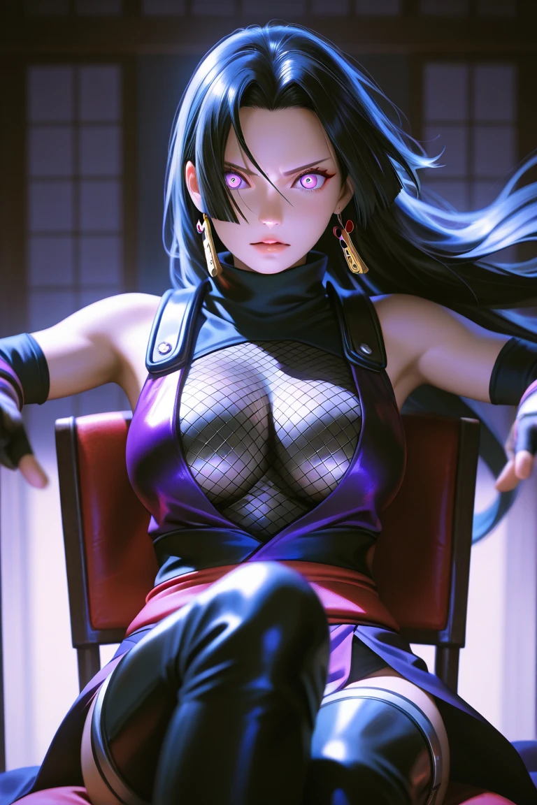 (masterpiece, high resolution, photo-realistic:1.4), a photograph capturing a woman dressed head to toe in a ninja outfit, a black cloth ninja mask covering her face up to the bridge of her nose, leaving only her piercing red eyes visible, her attire tightly fitted, accentuating her curves, while still exuding an air of agility and stealth, her delicate and petite frame adding to her mysterious allure, she strikes a captivating pose for the photo, embodying grace and power, the setting a well-lit dojo, illuminated by numerous flickering candles, casting a warm and ambient glow throughout the space, the shadows dancing around her, adding to the atmosphere of secrecy and skill, the woman gazes directly into the camera, her intense red eyes penetrating the lens, the photo captured from a high angle with a 150mm wide-angle lens, creating a unique and dramatic perspective, enhancing the sense of intrigue and captivation, a composition that beautifully captures the essence of the enigmatic ninja, a blend of elegance, danger, and mystery, inviting viewers to explore the depths of her character and the world of shadows she inhabits.