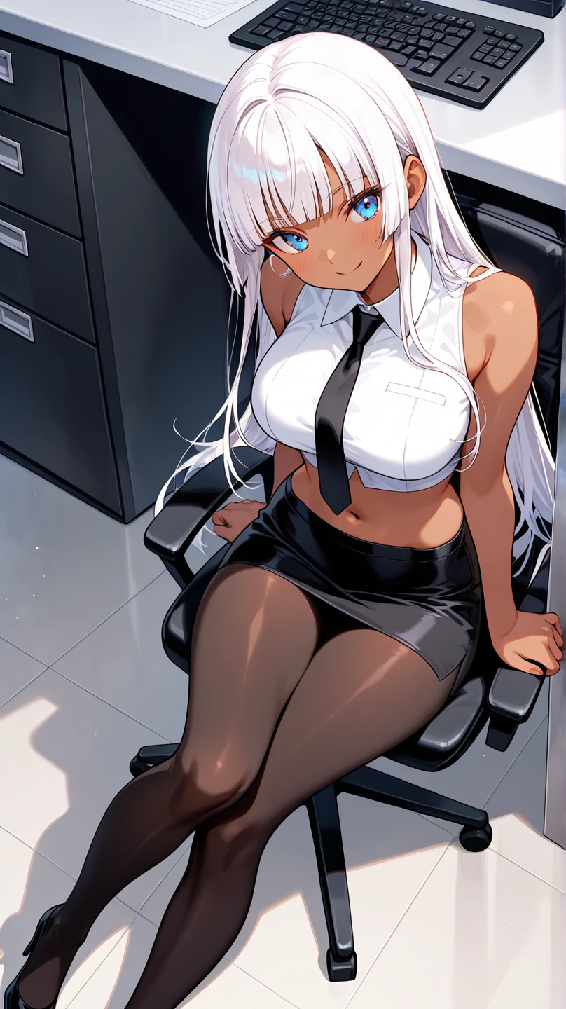 One Girl, alone, ((White shirt)), Black knee socks, With pride, Cleavage,Black panties,Show off your panties to your audience,Spread your legs wide,脚をSpread your legs,I can see your pants,Spread your legs and show me your panties,Her shirt was turned up、Bra is visible,Spread your legs,Black bra,Big Ass,Large Breasts,Low - Angle,Chair下からのアングル,Black pantyhose、 Cowboy Shot,uniform, officeの背景, Black Skirt, Pleated skirt, Very short skirt,pantyhose,office,E Cup, Look at the viewers, alone, Thighs ((masterpiece)), sit, Chair, desk work, Computer on the desk, Name tag, ID Day, in house, blush, Sexy pose