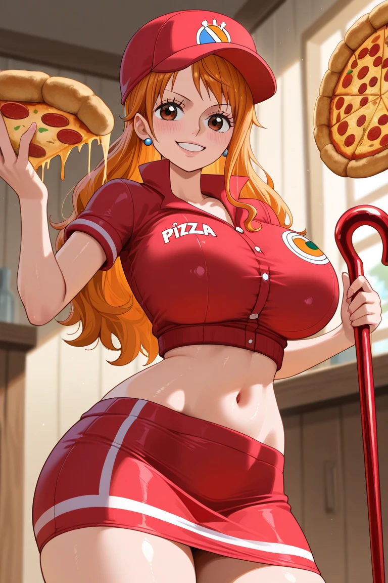 Beautiful redhead with big breasts dressed as a pizza delivery girl