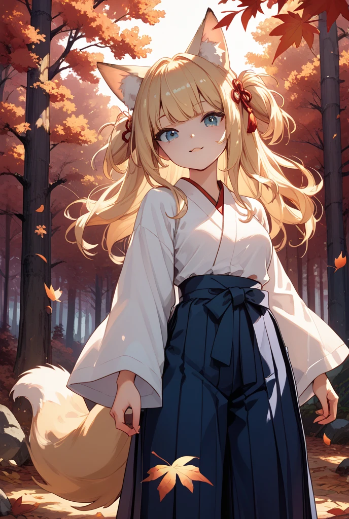 (masterpiece, best quality:1.3), (ultra detailed, cinematic lighting:1.2), 1girl, solo, blonde hair, long hair, fox ears, fox tail, kimono, black thighhighs, sitting, floating sakura leaf, shrine, sunshine, light smile