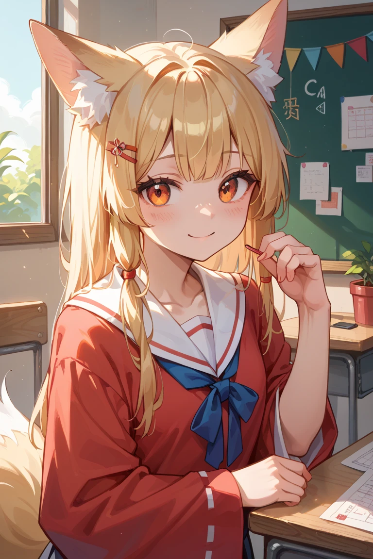 score_9,score_8_up,score_7_up, source_cartoon, source_furry, furry girl, deer, deer ears, blonde hair, long hair, makeup, red eyeshadows, deer horns, green eyes, red nose, ((japanese school shirt, blue short skirt)), small breasts, narrowed eyes, detailed body fur, detailed face, detailed eyes, glistering body, shiny body, gorgeous body, skinny, solo, :3, brown body fur, :3, school, clear sky, uperbody,