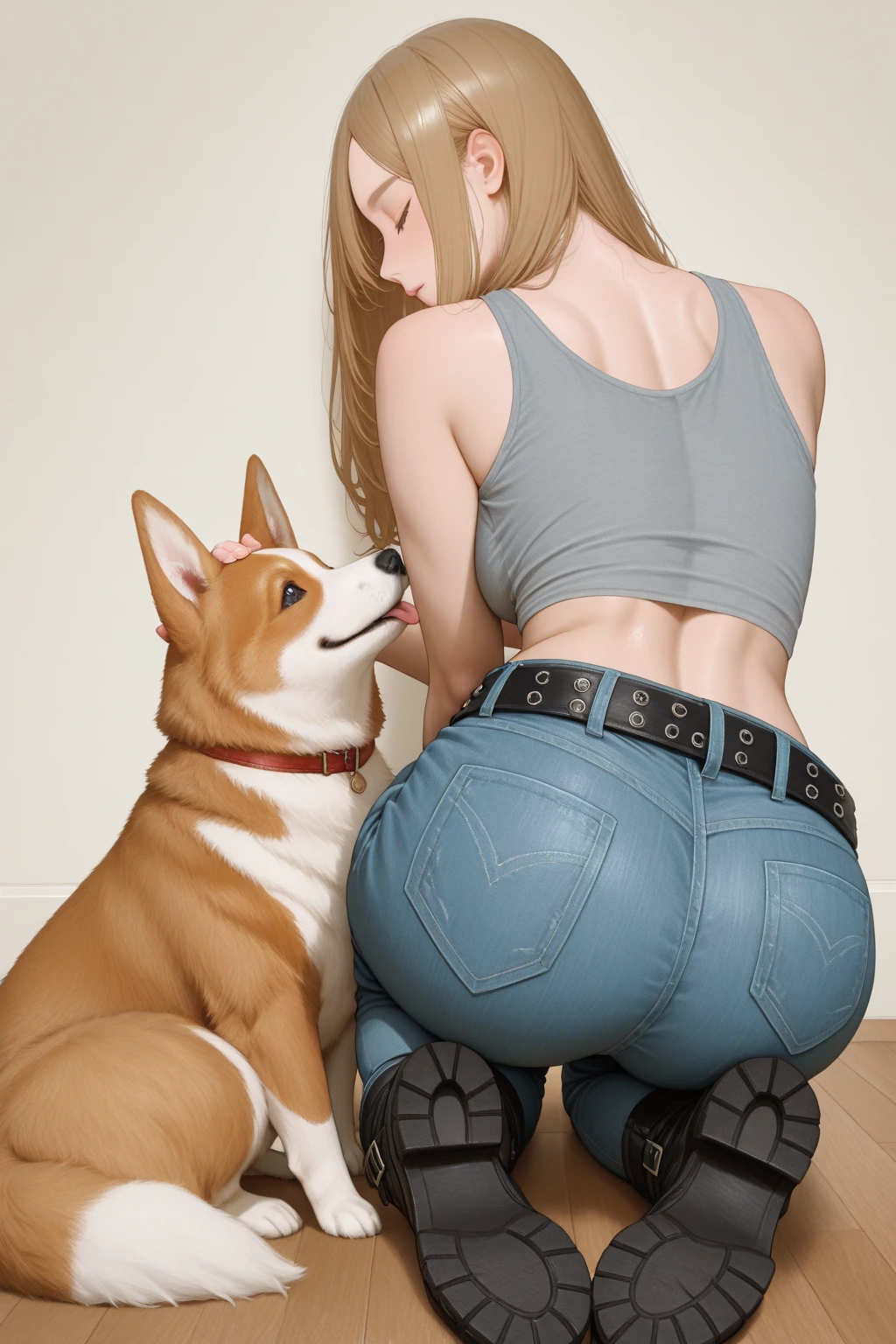 A woman in jeans is kneeling with a dog on her lap, Realistic painting, Gweiz-style artwork, Realistic art style, ultra Realistic painting, Realistic art style, photoRealistic painting, Highly realistic photos, Photorealistic