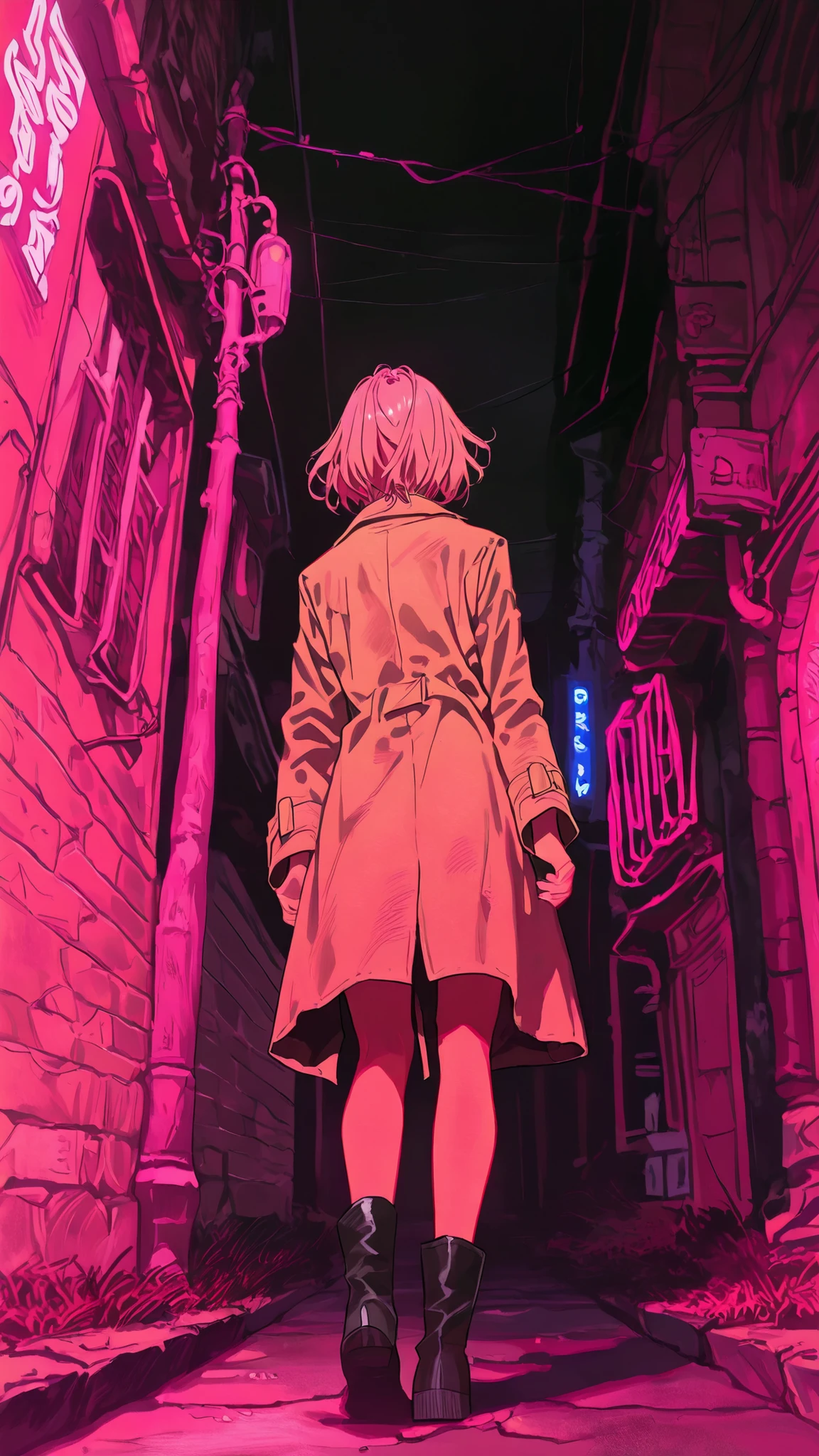 top quality, super resolution, texture like the picture, 1 woman in the body, short hair, pink hair, Stick out your backwards, Beige Trench Coat, Detective Style Coat, Black Short Boots, Night City, old back alley, Far Angle , Shocking Pink Neon, gaps in buildings , Ground after the rain , Urban Loneliness, There is one film-like , Noir
