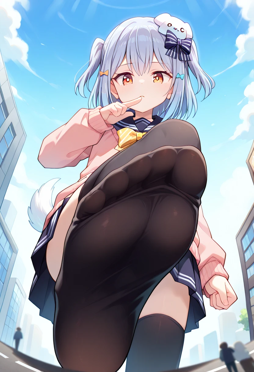 ((masterpiece, best quality)), high resolution,ultra detailed, detailed background, 8k,16k,perfect lighting,detailed beautiful eyes,1girl,solo,nsfw,perfect beautiful pussy,clitoris,vagina,show off pussy,embarrassed,blush,look at viewer,steam,sweat,aroused,in heat,(close up pussy,from front:1.2),from above,bottomless,lying,on back,pussy juice,half-closed eyes,fisheye lens,(pussy juice:1.2),naughty smile,legs up,spread legs,hold legs,butt lift,(rounded body),bailu,light purple hair,long hair,hone,(flat chest,short stasture,kawaii,tiny:1.3),short stature,over size head,(school sailor,sky,summer),