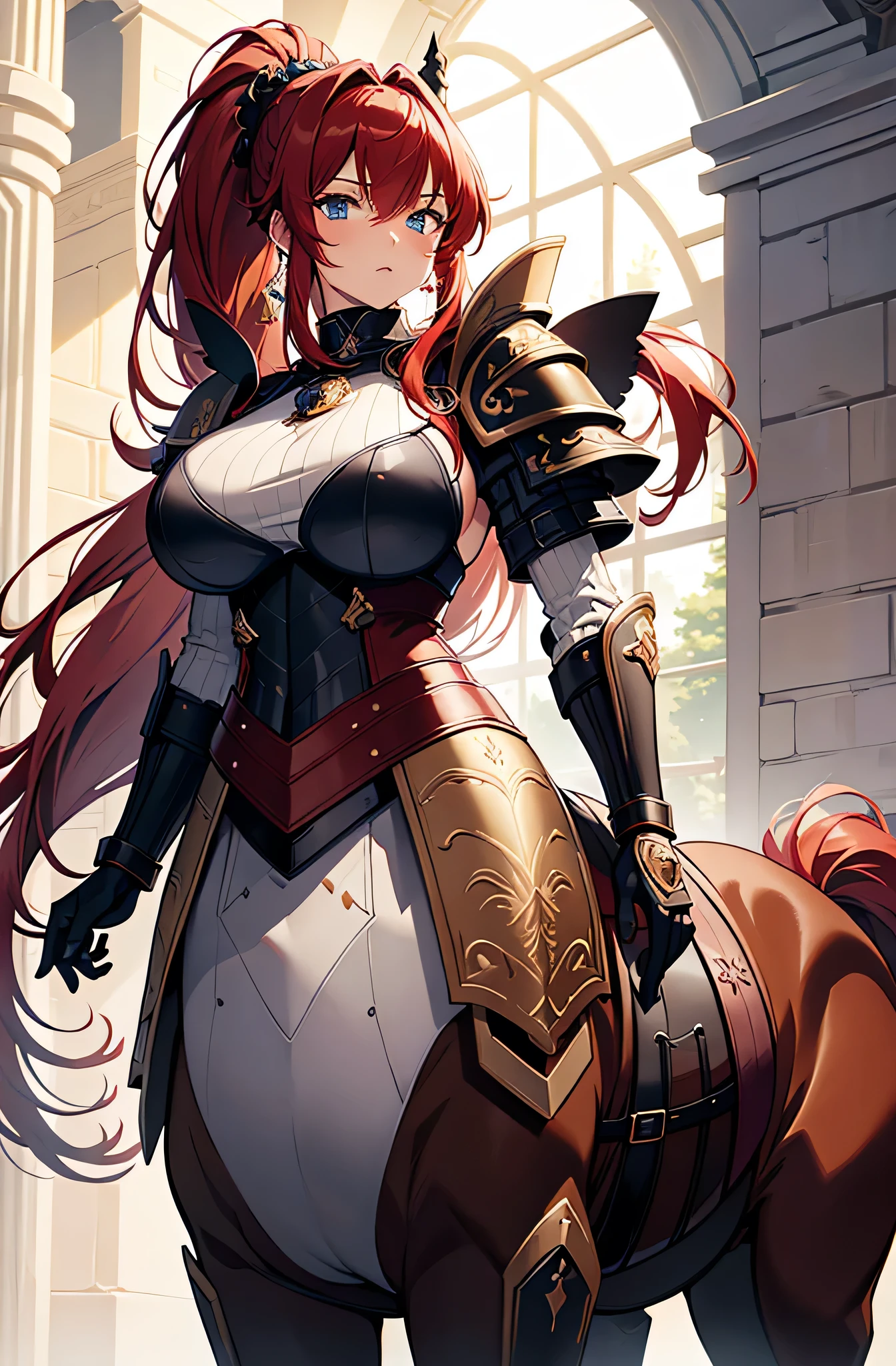 ((best quality)), ((masterpiece)), (detailed),High quality, Ultra detailed, best quality, insanely detailed, beautiful, masterpiece,(1 tall woman),20s,((Bunny girl)), metalic bunny suit,heavy armour,(red bob hair),bunny warrior