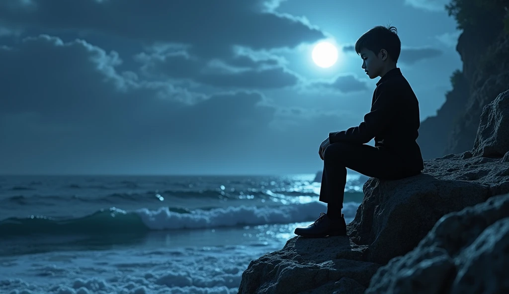 a boy on a cliff in the early evening, the moon well lit, The boy is sitting on the floor, hugging your knees almost crying, he is wearing a hood.
