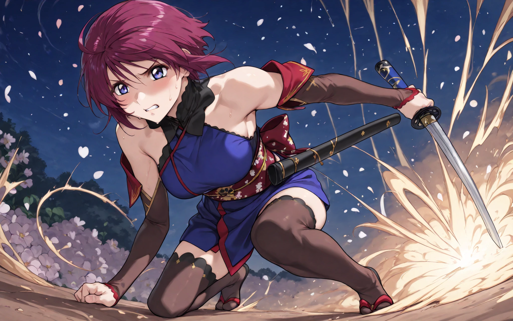 score_9, score_8_up, score_7_up,BREAK,masterpiece, best quality,,amazing quality,source_anime,anime coloring, absurdres,A very detailed and Hi-Res image、lightning crackling around, (beautiful and detailed face),1girl,(solo),(((lunamaria:1.1))),1girl,,(((LunamariaHawke:1.1))),(((purple hair:1.3))),((ahoge:1.2)),(((short hair:1.2))),blue eyes,breakmiyamoto musashi,fate grand order,miyamoto musashi \(fate\),(((high neck,blue kimono,short kimono,japanese clothes,detached sleeves,bare shoulders,Brown elbow gloves,thighhighs, unsheathed,scabbard,break ,Flower-patterned red obi,gold obi cord break))),((lunamaria)),1girl,solo,blue eyes,red hair,short hair,ahoge,eyebrows,quality\(8k, Hi-Res, top- quality, top- quality real texture skin, super realistic, increase resolution,RAW Photo, very detailed, wallpaper, golden ratio,vibrant{{breathing}},full body,(Watery eyes),(closing eyes),{Wet body},(Close-up of a girl:0.7),(((add energy to the scene. Motion Effect))), (Like a subtle blur),bokeh,full body,(nape of neck),,((Pained expression)),(((Sweat:1.4))),(grimace),blush,(holding one sword ,movement, motion blur, dynamic angle,full body, BREAK depth of field, foreshortening, dynamic pose, super wide angle shot, extreme perspective, ,anime wallpaper,light particles, cinematic lighting,Visual impact,dynamic pose,ultra-realism, anime style, dreamy psychedelic anime,Elegant outfit, perfect figure, beautiful , The background is a dark forest clearing illuminated by faint blue light, with falling cherry blossom petals swirling around, adding a sense of elegance and tension,moving,night,outdoor,effect,((reaching one arm front and open palm)),(her softly emphasized by the folds of her loosely draped kimono, wearing her signature red and blue kimono-style outfit from her first ascension),(((the opening still loosely adjusted with no visible bra,fabric naturally concealing her breasts))),dark blue bra under kimono,dynamic pose,dynamic action,Fully detailed sword,jump