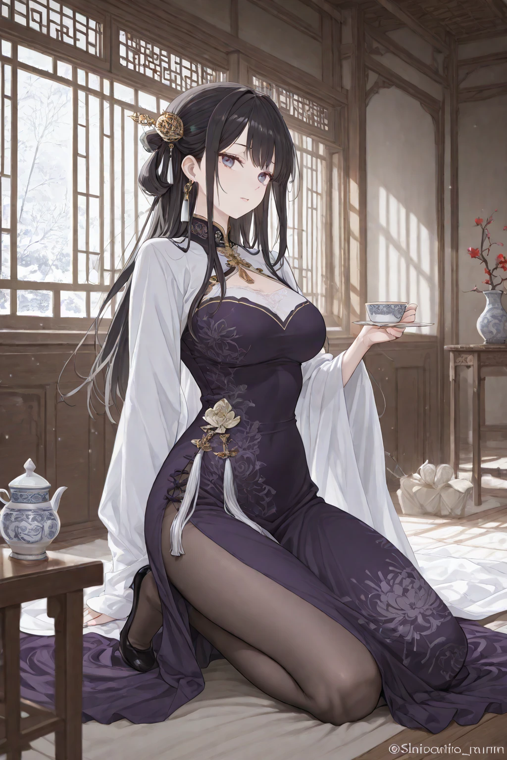 8K, (Masterpiece, Best Quality: 1.2), Traditional Chinese Ink Painting, A Cute 18 Year Old Woman, Medium Tits, Sexy White Lace, Oversized Dress: 1.5, Sofa, Ultra Detailed Face, Detailed Eyes, Double Eyelids, SFW, Long Dress, Shy Smile