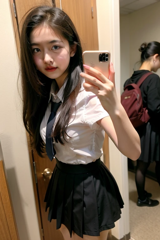 ((realistic lighting, highest quality, 8k, masterpiece, medium shot: 1.3)), clear focus: 1.2, 1 girl, perfect figure: 1.4, plump bust,((long black hair)),((With bangs)), (white blouse worn by high school girls:1.4）,The whole delicate breast leaks out,In a classroom with a blackboard in the background, sitting at school desk,moderately thin calves,moderately thin thighs,exposed thighs,navy blue ankle socks,Black loafers worn by high school girls,The entire body is shown,super detailed face, double eyelid,Navy pleated miniskirt worn by high school girls,Taking a selfie with a black smartphone in my left hand,Your face is hidden by your smartphone、Holding the right leg with the right hand、(open legs:1.5),((((Panties are visible from inside the skirt))))、(white lace panties)、(Please tilt your head slightly)