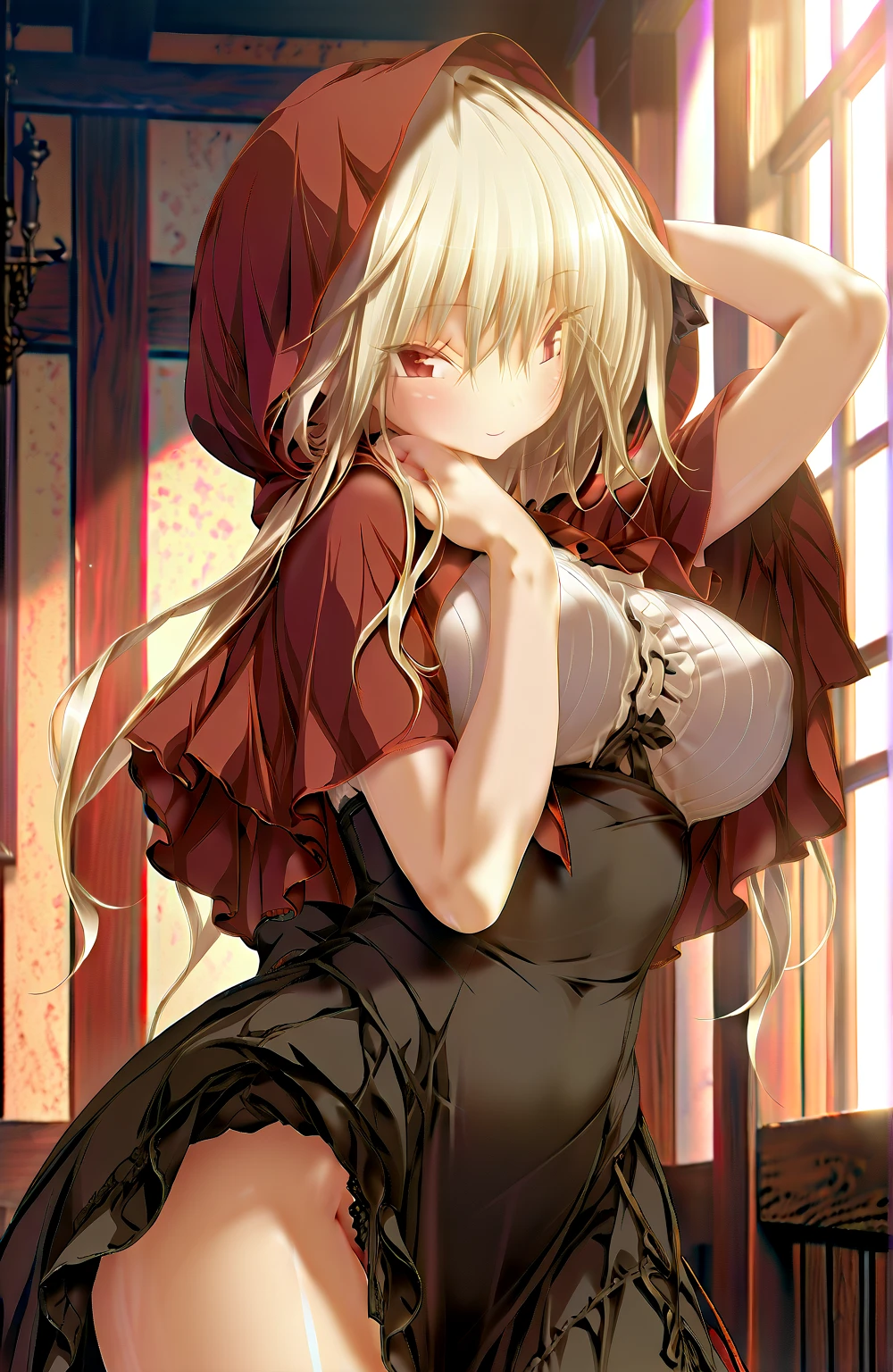 anime girl , curly white hair, wearing Halter dress top,have big breasts, dance, forest, vampire, blonde, red eyes