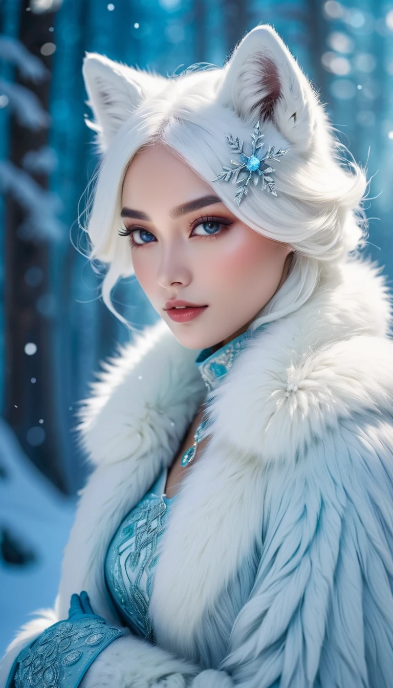 Beautiful girl, blue eyes, long curly white hair witg, detailed facial traits, beautiful earrings, national turkic female dress, naked breasts, naked nipples, yurta behind, it's snowing, sexy pose