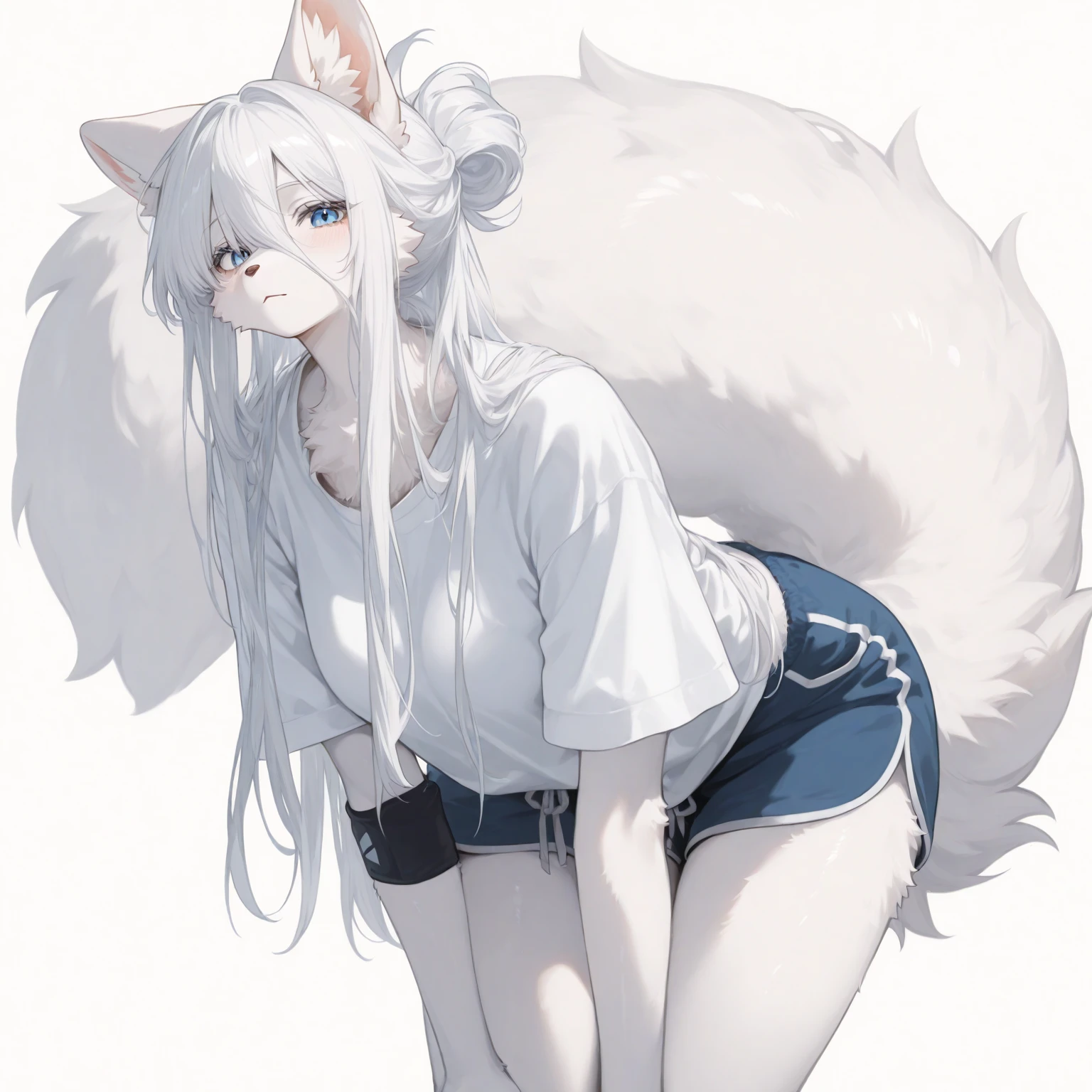 A woman, ahegao face, hands behind head, white fluffy hair, cute black eyes, loose tshirt, semen running between legs