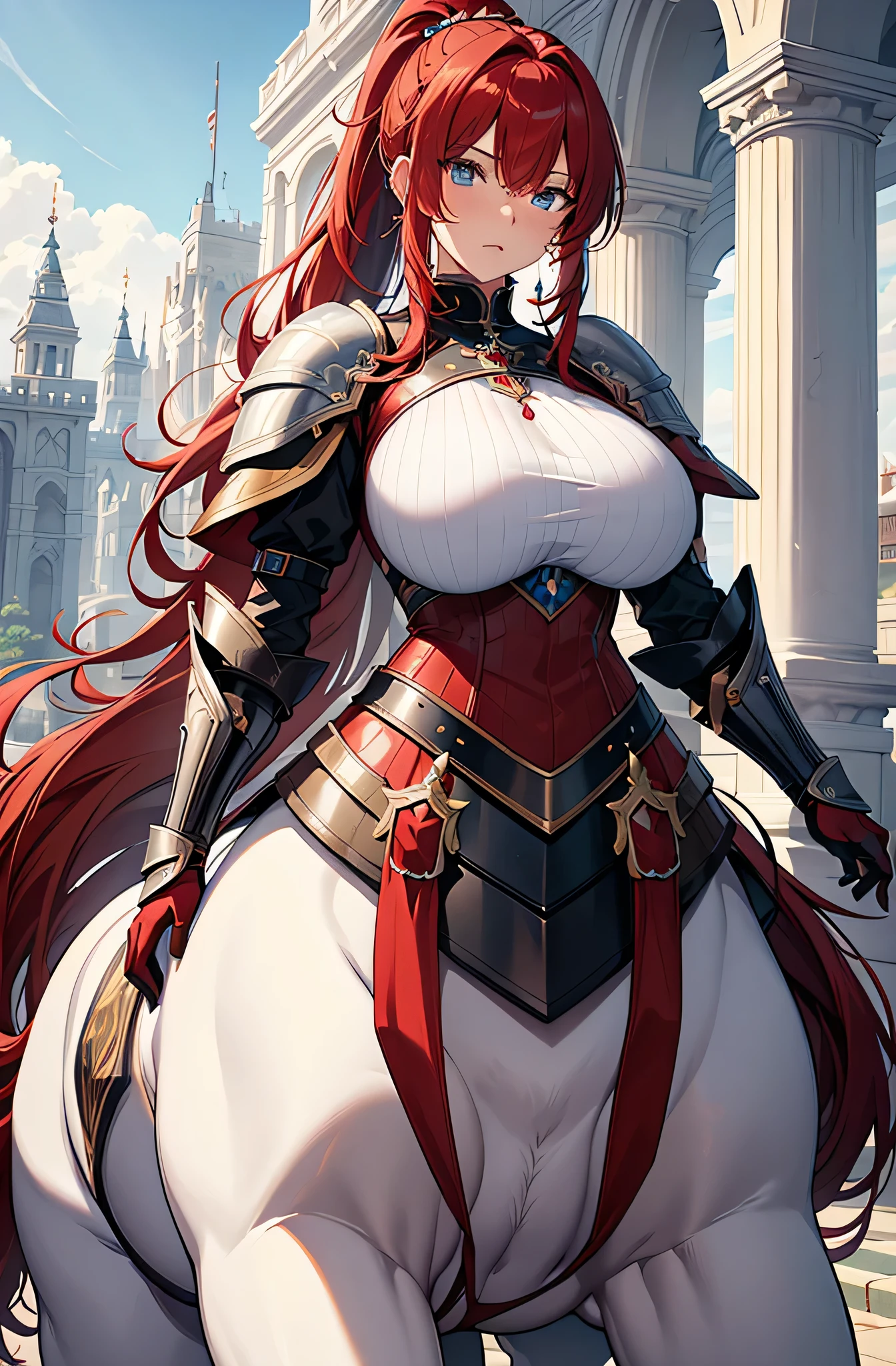 4K,High resolution,One Woman,Red Hair,long hair,Braid,Blue Eyes,Big Breasts,Ancient Chinese Generals,Ancient Chinese White Armor,Heavy Armor,Full Armor,Sideboob,ancient chinese crown,Long sword,Ancient Chinese Villages
