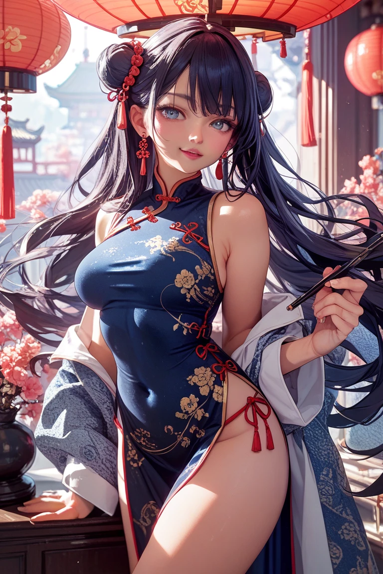 highest quality、All limbs、full finger、((one beautiful woman))、Beautiful busty woman、long hair、((brown haired woman))、((Blue cheongsam:1.5))、blue leotard panties、((brown pantyhose))、white boots、Chinatown、big smile、Street Fighter、hands on hips