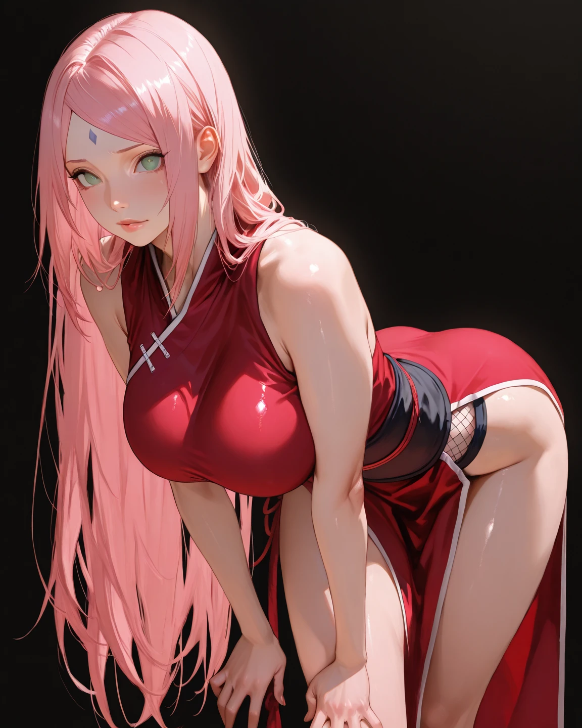 (Masterpiece, Excellent, 1girl, solo, complex details, color difference), realism, ((medium breath)), off-the-shoulders, large breasts, sexy, Yae Miko, long pink hair, red headdress, red highlight, hair above one eye, green eyes, earrings, sharp eyes, perfectly symmetrical figure, choker, neon shirt, open jacket, turtleneck sweater, against the wall, brick wall, graffiti, dim lighting, alley, looking at the audience, ((mean, seductive, charming)), ((cherry blossom background ))),((Japanese temple background)))), (((Glow-in-the-dark background)))