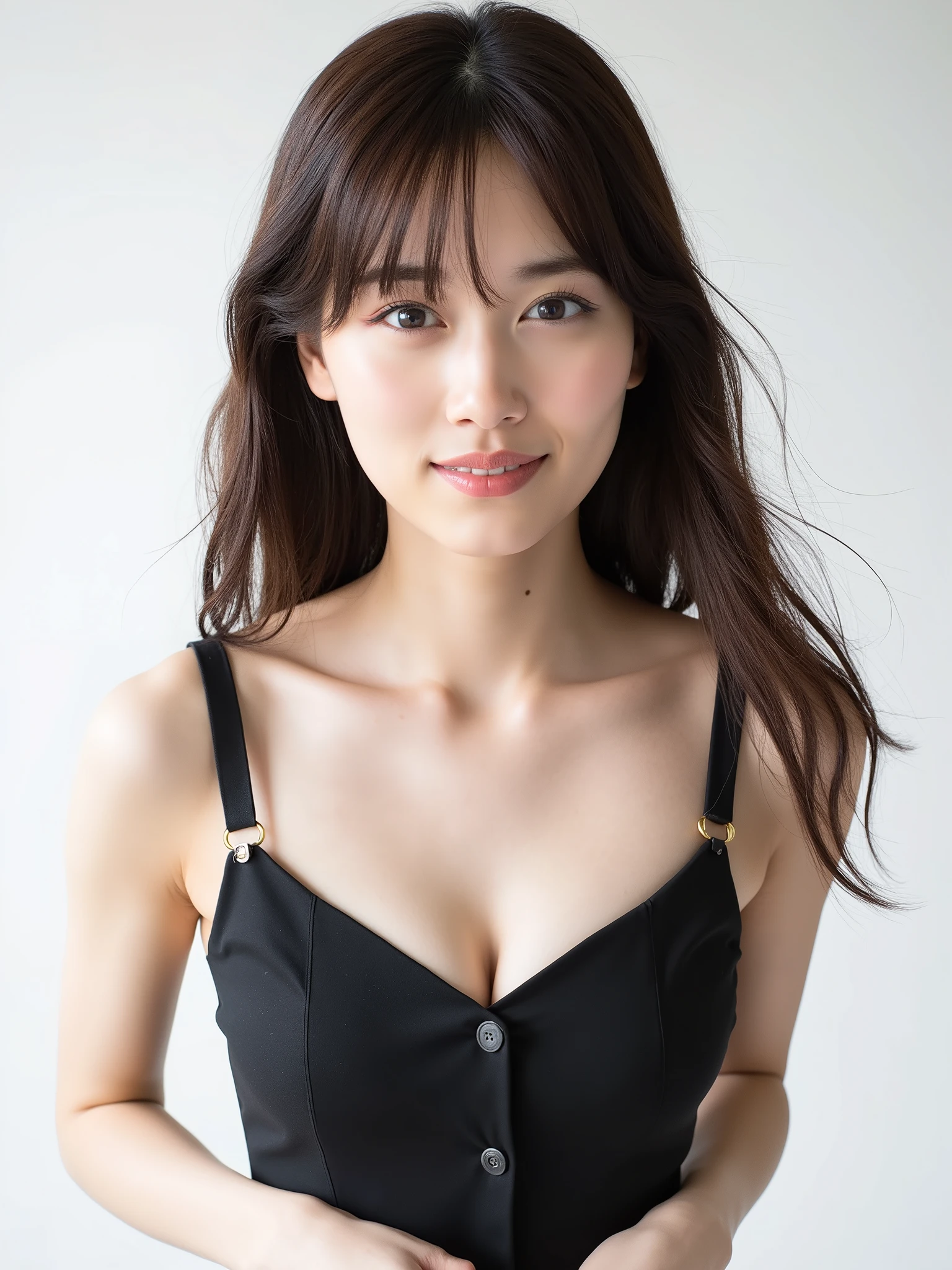 1 girl, 20 years old, young girl, japanese girl, Long hair, wears thin strap vest,, On button, Unbuttoned, Photographic Studio, close up, natural breast, slim, cleavage:1.1 Attractive Face