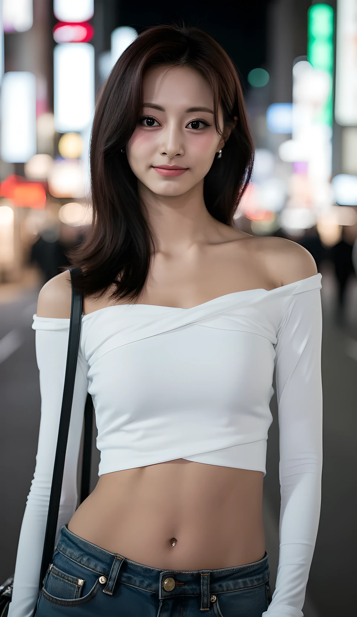 looking at camera and smiling、Looking into the camera with a smiling expression、(masterpiece, Super Detailed, photorealistic, high resolution), score 9_up, Score 8_up,  centered , Cinematic Atmosphere, elegant,  (Wear a white tight plain off-the-shoulder long sleeve t-shirt、 Exposed Shoulders 、I can see your abdominal muscles）Wearing very wide jeans:1.3) (is hanging a small black shoulder bag from her shoulder:1.5)、Woman standing in front with straight dark brown hair, soft evening makeup with warm contour, Shiny Lips, Highlighted cheekbones, The background is the downtown area of Shibuya in Tokyo at night、 ( accurate correct anatomy ), (Highly detailed and sharp facial features and expression), (Highly detailed bright eyes and lips), (Realism of fabric detail:1.3),  (Warmth of lighting:1.2), 