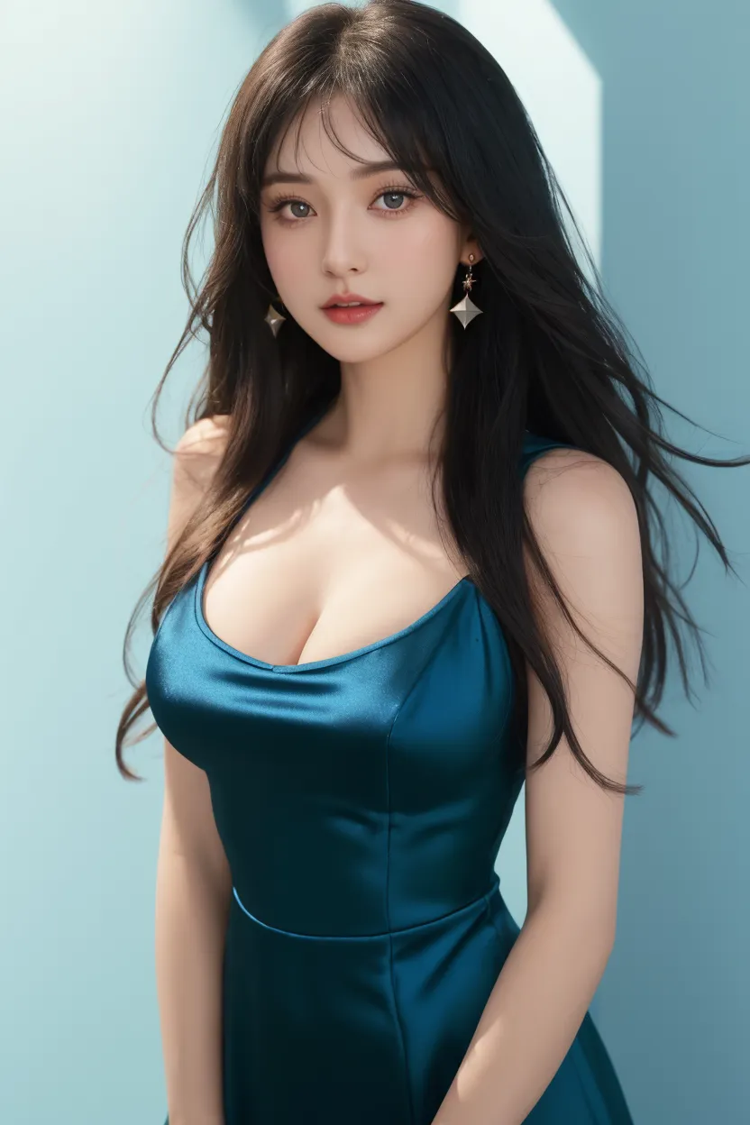 ((Realistic lighting, Best quality, 8K, Masterpiece: 1.3)), Clear focus: 1.2, 1girl, Perfect body beauty: 1.4, Slim abs: 1.1, ((dark brown hair, Big breasts: 1.3)), (Aqua dress: 1.4), (Outdoor, night: 1.1), City streets, Super fine face, fine eyes, double eyelids, exposed cleavage