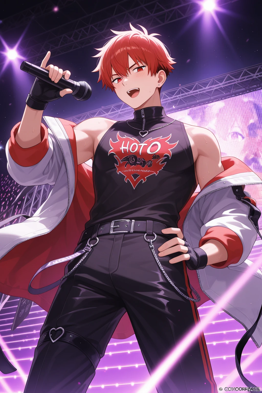 Ultra detailed, Highres, absurdres, HDR, master piece, Ryoumen Sukuna, pink hair, expressive red eyes, Jujutsu Kaisen, sexy man a microphone, solo, rocker, black rocker clothes with trimmings, red petals, glittering, black gloves, red flowers, sensual, fantasy, idol stage, concert, horny, erotic, toned chest, manly man, handsome smile, visual kei, close up