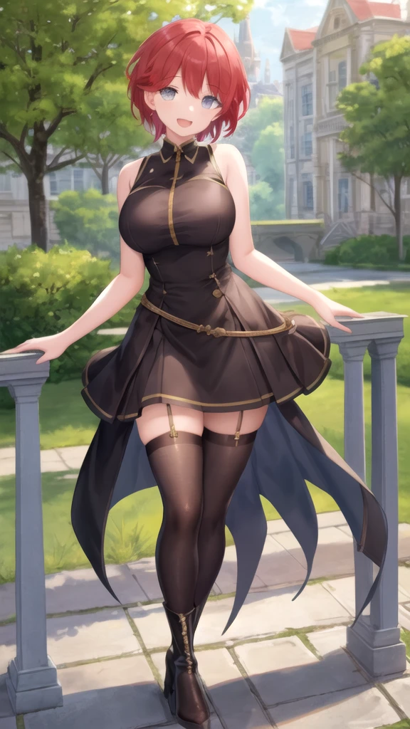 masterpiece, best quality, extremely detail 8k cg, high resolution, 1girl, yuugao, solo, purple hair, long hair, sidelocks, ponytail, brown eyes, perfect eyes, choker, breast curtains, china dress, pelvic curtains, thighhighs, high heels, huge breasts, outdoors, garden, standing, beautiful face, wide shot photo, full body