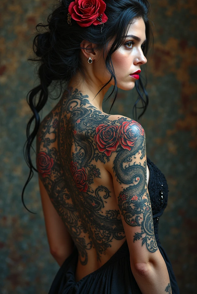 (best quality,8K,highres,masterpiece:1.2), ultra-detailed, realistic, photorealistic:1.37, tattooed girl, (standing back to viewer:1.4), visible back, (back tattoo:1.5), very beautiful and detailed face, captivating eyes and lips, attractive and well-defined facial features, expressive facial expressions, long and flowing hair, intricate and vibrant back tattoo covering all her back, a sense of mystery, a touch of danger, a hint of rebellion, a handsome man with a strong and captivating presence, betrayal in his eyes, anger and determination in his expression, dark and atmospheric background with dim lighting, dynamic wallpaper adding depth to the scene, every detail meticulously rendered, a vivid color palette with rich contrasts, a sense of realism and authenticity, a dense and layered composition, capturing the intensity of the moment, Realistic,Photorealism