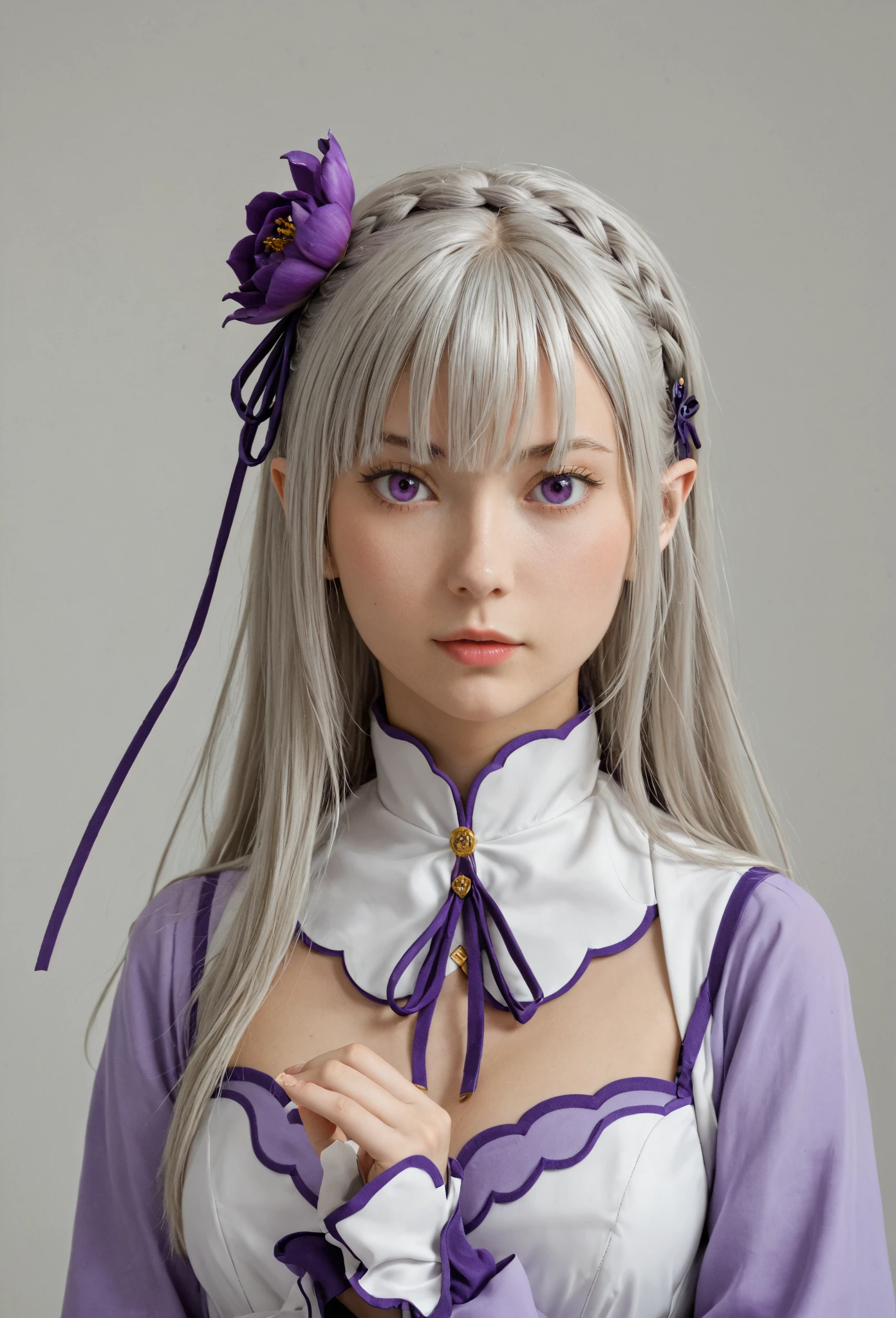 ulzzang-6500-v1.1,(raw photo:1.2),((photorealistic:1.4))best quality ,masterpiece, illustration, an extremely delicate and beautiful, extremely detailed ,CG ,unity ,8k wallpaper, finely detail, best quality,extremely detailed CG unity 8k wallpaper,absurdres, incredibly absurdres, big breats,sexy body,huge filesize, ultra-detailed, highres, extremely detailed,beautiful detailed girl, extremely detailed eyes and face, beautiful detailed eyes,light on face,cinematic lighting,1girl,(full body),(full-body shot),looking at viewer,outdoors, silver_hair, pointy_ears, purple_eyes, hair_ornament, hair_ribbon, lips