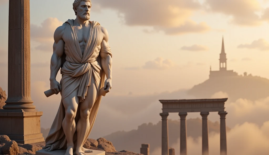 A Strong full body man, classical Greek wise philosopher, Stoic posture, Greek god, sapience, walking at the ancient greek city, cinematic sensation, ultra realistic, Ultra detailed and handmade in all aspects, Dark, 8k, cinematics, realism