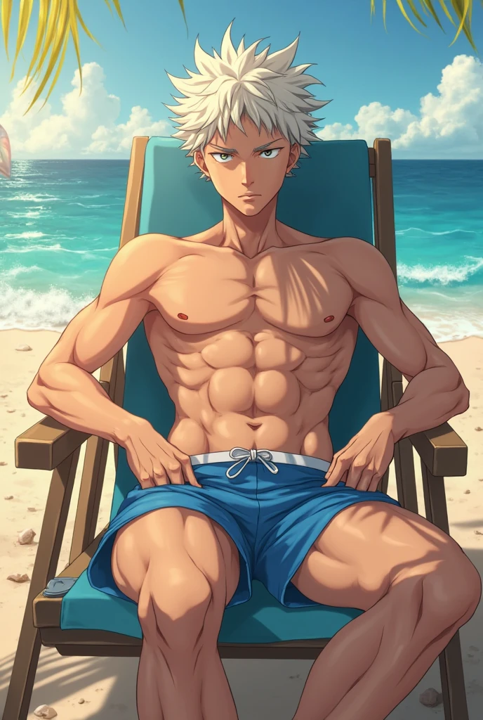 Gojo Satoru from jujutsu kaisen on the beach wearing black underwear sitting on a beach chair.