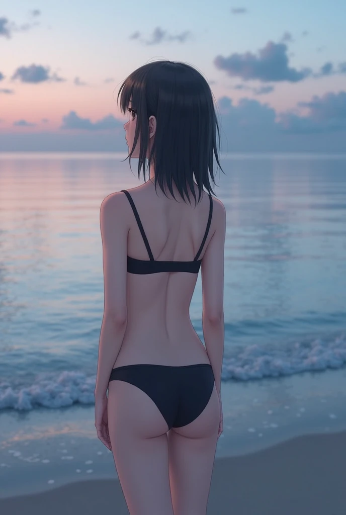 masterpiece, best quality, ultra detailed, highres, extremely detailed CG unity 8k wallpaper, perfect lighting, very detailed background, Outdoor、beautiful and aesthetic,sharp focus, perfect face, Perfect hands、Perfect Fingers、Perfect toes、Five fingers、
1lady、 smiling、
short black hair, large red eyes、delicate oval face、(flat chest:1.9)、Underlim figure、underboob、
Purple triangle bikini、Seaside、(Sandy Beach:1.3)、Sunset、Sunset、
thin thong、barefoot、Sitting、View your viewers、
Ambient light、Volumetric Light、shoot from side、(Glowing Skin:1.7)、