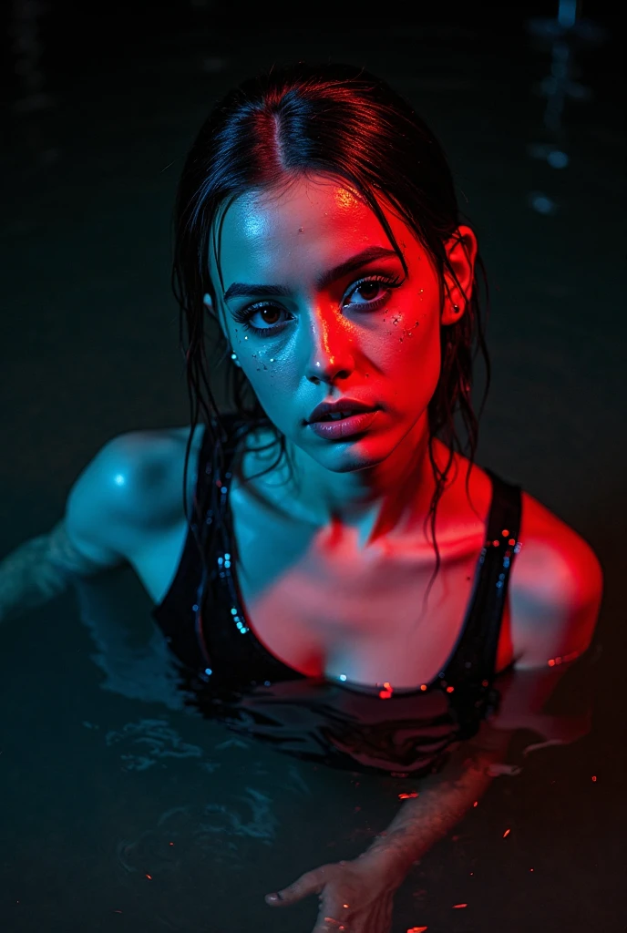 photograph of emma watson a pool, slicked back hair, soaked hair, soaked, beautiful symmetrical face, highly detailed, intricate, sharp focus, 85mm, mid shot, (centered image composition), trending on Instagram, ultra realistic, concept art, eyes closed,