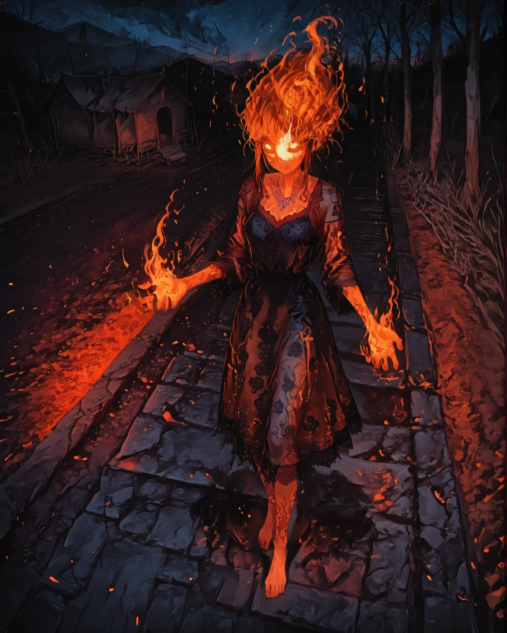 In a dusty rural village at night, a barefoot Brazilian girl in a vintage lace dress stands on an old stone road, telling a tale. Behind her, the spectral image of the Headless Mule burns with ghostly flames, rearing in the dark. The sky glows orange from the embers, casting shadows across an abandoned chapel