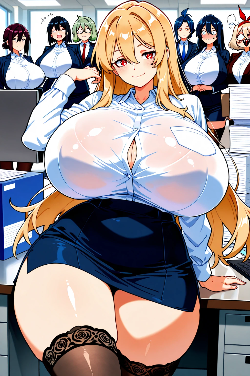 masterpiece, best quality, extremely detailed, 1girl, milf, solo, Yasaka_NDV, (huge breasts:1.5), ((((blonde hair), very long hair, yellow eyes, slit pupils, fox ears))), parted lips, (((wearing coat, white shirt, necktie, pleated skirt, pantyhose))), ((light smile), closed mouth), ((hands on own hips, classroom))
