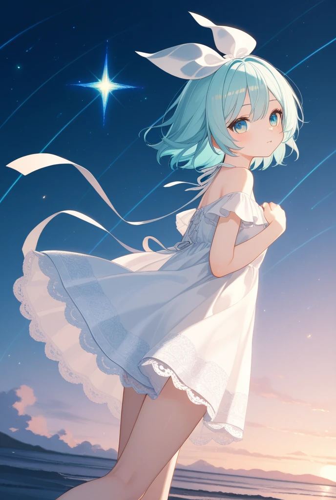 (Cute girl: 1.45), ultra-fine illustration, blue sky, shooting star, whole body, looking at the sky, white dress windy, summer, dry earth, beautiful sky, thin outline, light reflection, light blue hair, semi-long, barefoot, ground, gravel, arid zone