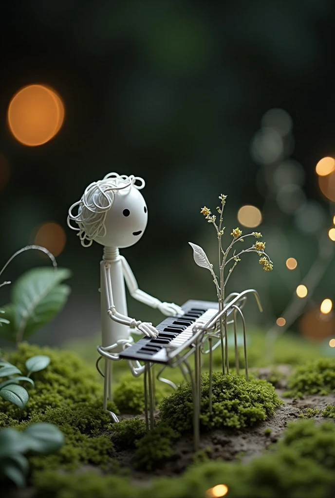 piano surrounded by flowers in a forest, woman play the piano, facing camera, subject made of melting porcelain colors, flowing colors splash and splatter art, delicate, beautiful, intricate, houdini sidefx, bold 3d, soft smooth skin, field of flowers, White hair