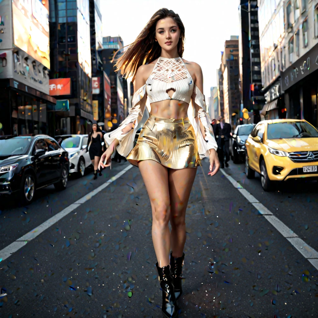 (masterpiece, high resolution, photorealistic:1.3), Olivia Rodrigo, the talented artist from the "Good 4 U" music video, strutting confidently down the runway at the Victoria's Secret Fashion Show, (cheerleader outfit:1.2) accentuating her vibrant personality, (high heels:1.1) adding an elegant touch to her walk, (dazzling smile:1.2) radiating confidence, (charismatic stage presence:1.1), surrounded by a mesmerized audience, (runway lights:1.2) casting a spotlight on her, (dynamic catwalk:1.1) showcasing her graceful movements, (fashionable backdrop:1.2) with intricate patterns and vibrant colors, (fashion enthusiasts:1.1) eagerly capturing her every step, (excitement and anticipation:1.2) filling the air, creating an atmosphere of glamour and success.