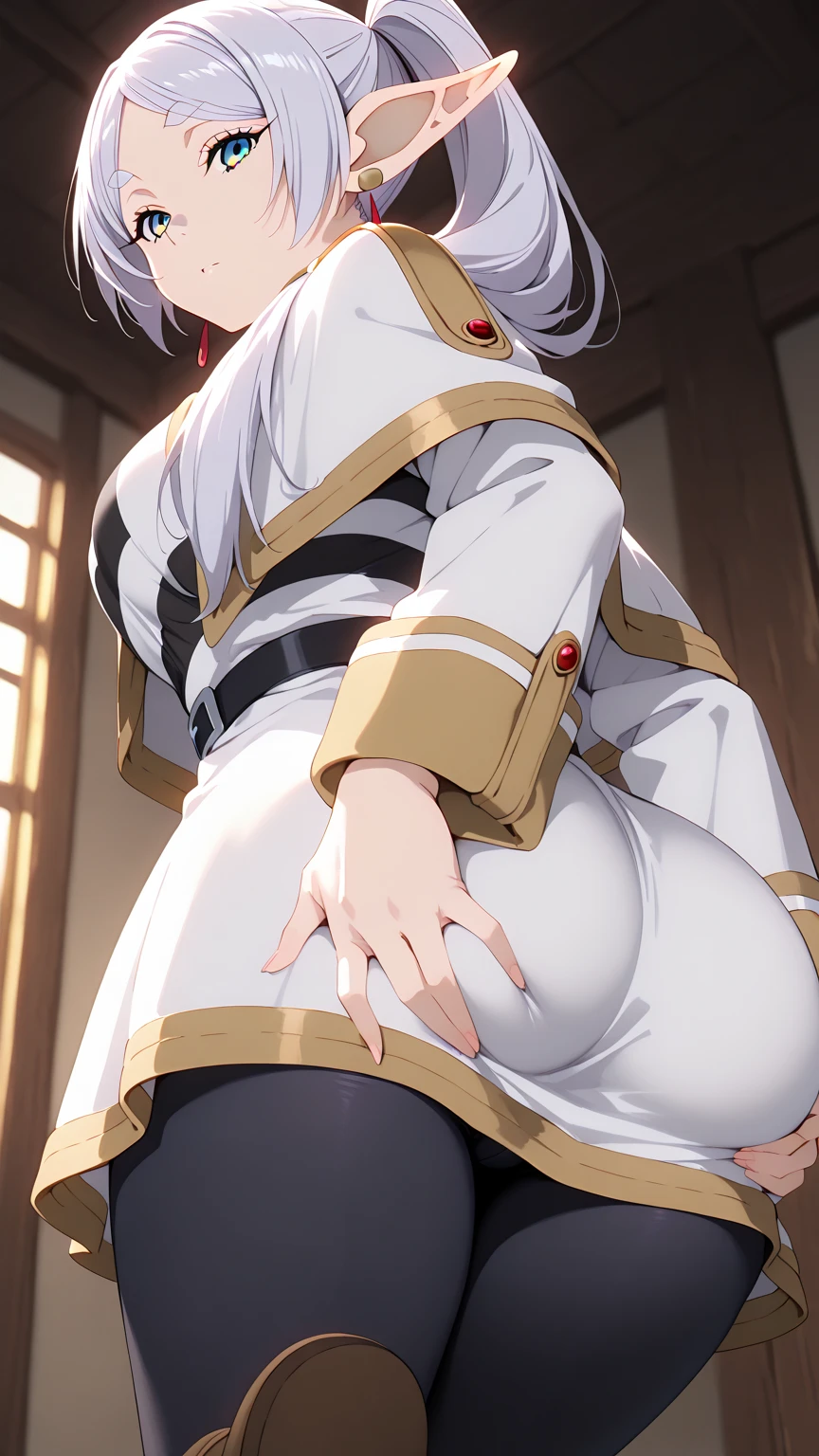 (Highest quality, masterpiece),sexy, erotic, One Girl, 18-year-old, Contempt, pride, Long silver hair, ((Green Eyes)), View your audience, View your audience, Warm Light, ((White Dress))), ((Are standing)), (Small breasts), ((Grab your own ass)), (Black pantyhose), Two ponytails,