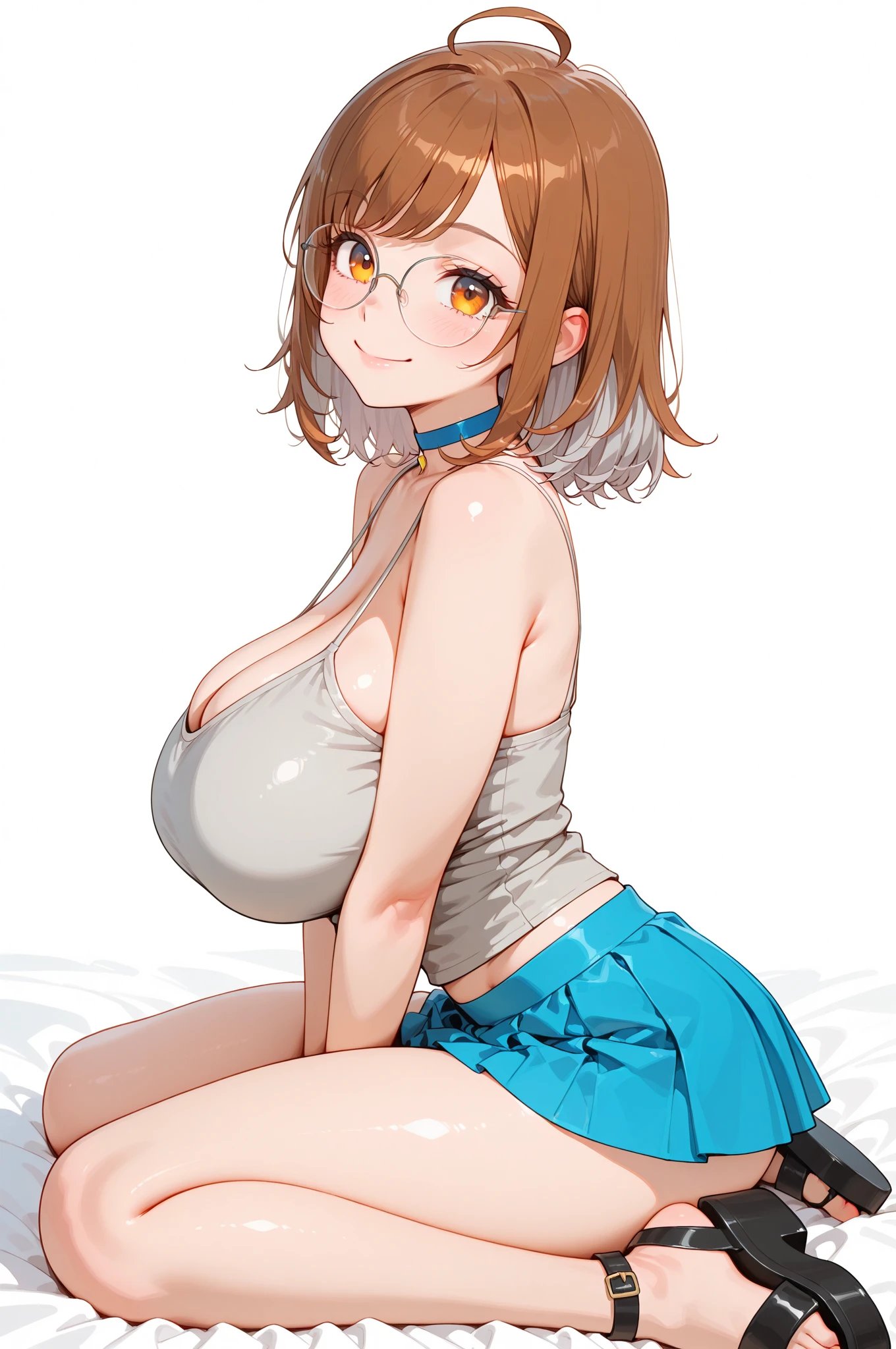 1girl, solo, large breasts, short hair, (one breast out), tank top, breasts_out, nipples, arms behind back, leaning forward, bent over, <lora:onebreastoutFWS3:1> simple background,