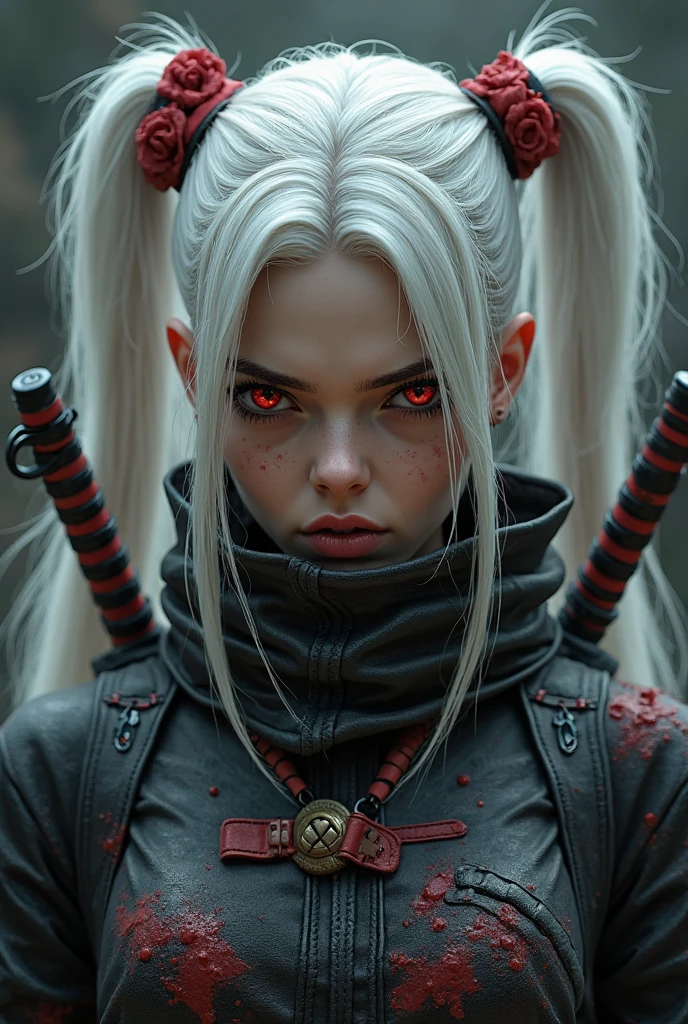 Sexy ninja girl crawling across the floor, with mouse ears silvery white hair, with a katana, and jutsu hand sign