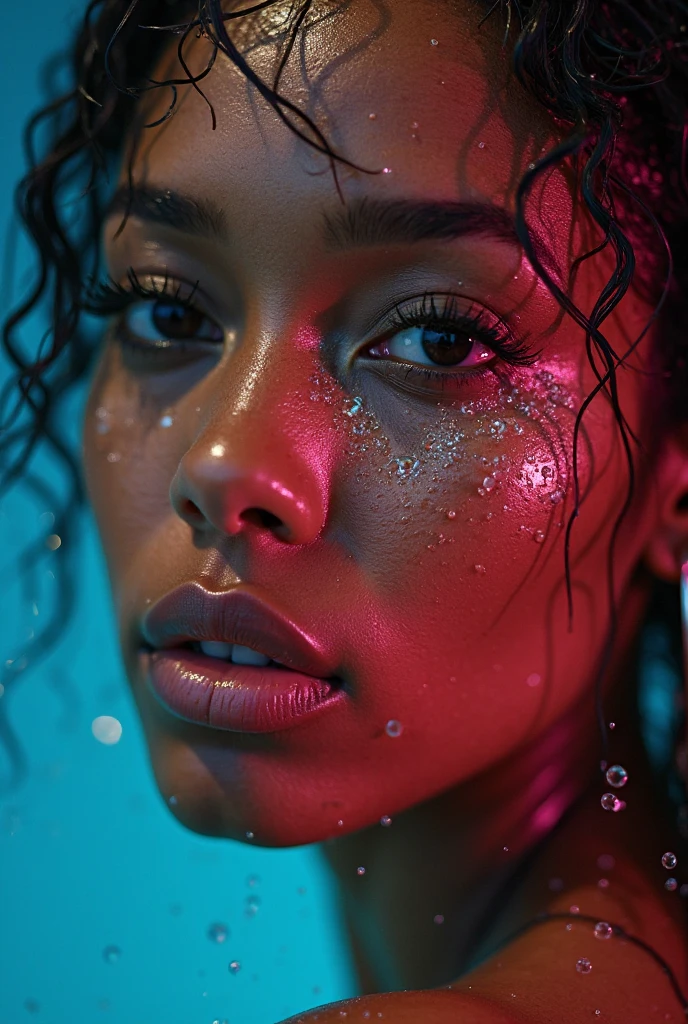 (best quality,4k,highres, highres face details), black long wavy hair, naked body, soaking wet, 18 years old, instagram model, 36DD breast, huge nipples, huge areola, pretty face, dark makeup, fake lashes, natural lips, dark skin, she is skinny, athletic body, she is caucasian, golden hour, huge breast 36DD, posing, sexy, sensual vibes, whole body image, from head to toes