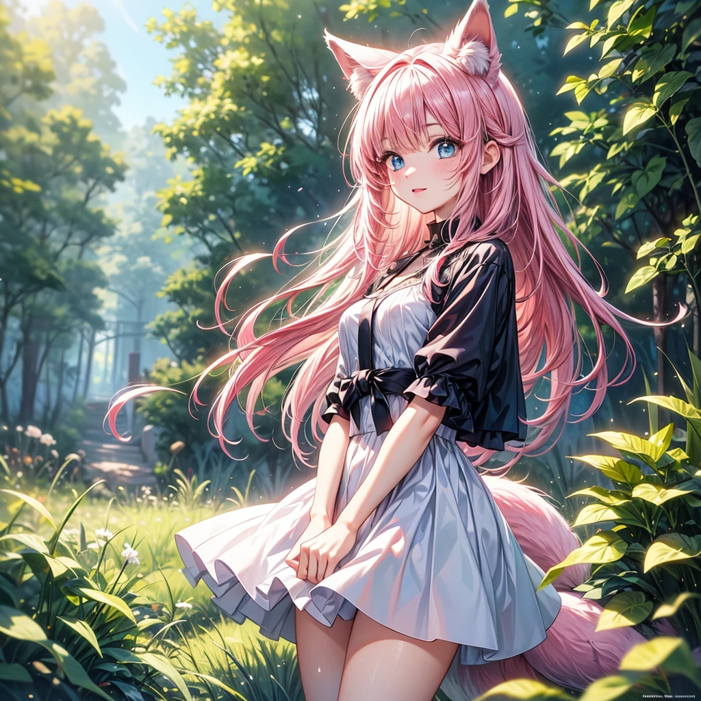 Anime style war, serious style, 1nekogirl, 1 white wolf, pink_and_white_cat_ears, fox tail, limited palette, long Straight pink hair, detailed blue eyes. Cat face expression. She is a Mercenary with scars, She is riding a white demon wolf. Riding a wolf. Wolf. Outdoor scenery. Behind them there is an army. War is coming. She wear a intricate light armour, with blue trasparent veil. She has bare shoulders. They will fight on Red clay. Winter Forest. 