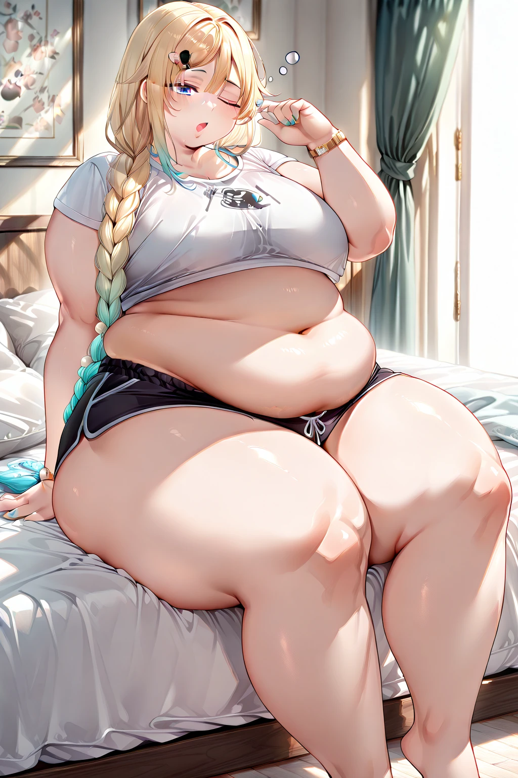 There's a woman in a blue bikini taking a selfie, is wearing a swimsuit, Thicc, Ella tiene un vientre redondo y gordo y tembloroso, wearing two - piece swimsuit, Su vientre es gordo y redondo, thicc build, Bikini azul, swimming suit, swimsuit, in retro swimsuit, her belly button is exposed, Bikini realista, Figura completa hiperrealista